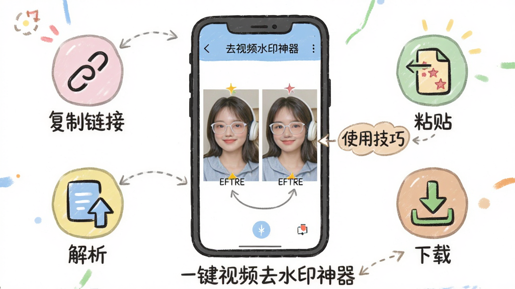 主体:手机屏幕显示一键视频去水印神器应用界面,旁边有“使用技巧”文字标注;布局:手机居中,周围有四个图标分别代表“复制链接”、“粘贴”、“解析”、“下载”;排版:图标围绕手机排列,下方有文字说明;风格:手绘插画风格,色彩柔和,轻松活泼;细节:每个图标下方有简短中文标签,手机屏幕内显示去水印前后对比图;画质:干净清晰,无多余元素。