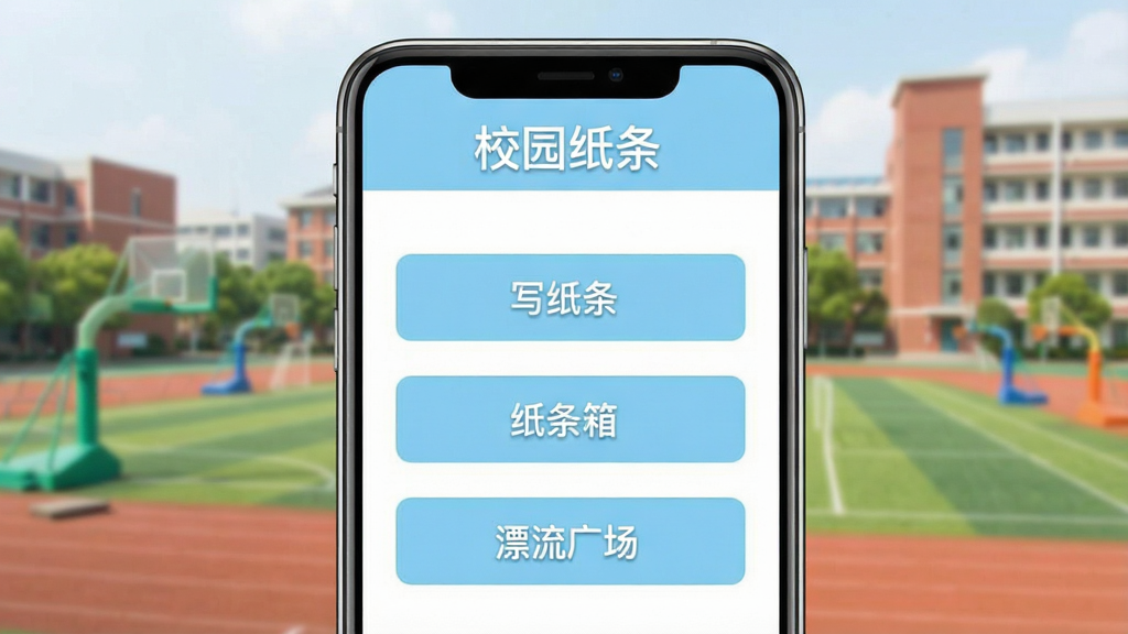 一张展示《校园纸条》应用在手机上的主界面预览图,界面以淡蓝色和白色为主色调,顶部显示“校园纸条”字样,下方排列着“写纸条”、“纸条箱”、“漂流广场”三个主要功能按钮,背景是模糊的校园操场和教学楼,整体风格清新明亮,画质干净,无多余元素。