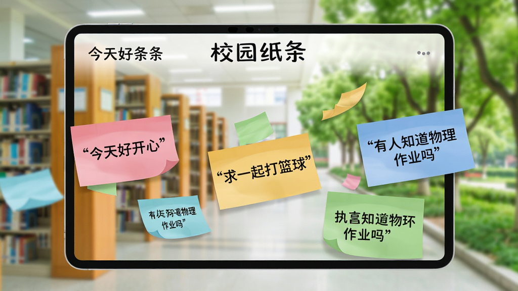 展示《校园纸条》的漂流广场界面,屏幕上有多张彩色纸条卡片在流动,每张纸条上写着“今天好开心”、“求一起打篮球”、“有人知道物理作业吗”等文字,背景是模糊的校园图书馆和绿树,整体风格活泼明快,突出社交互动氛围,画质干净,无多余元素。