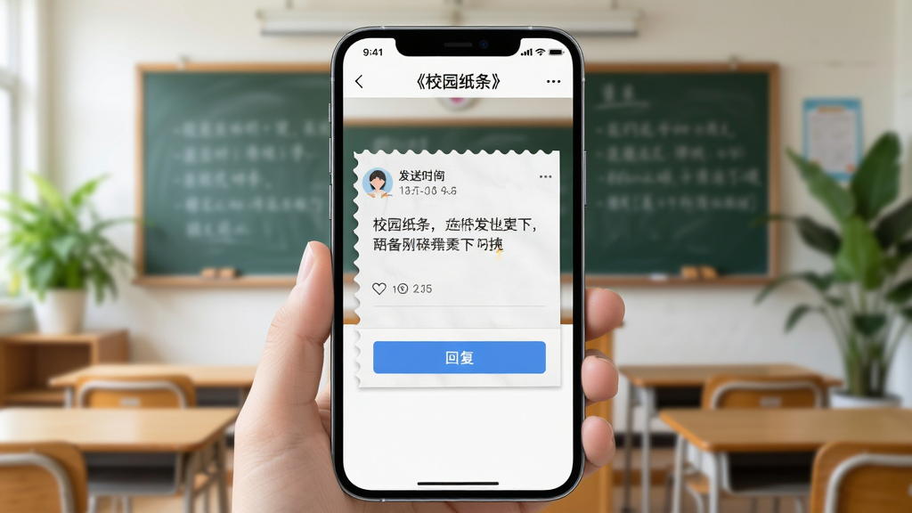 展示《校园纸条》在手机上运行时的完整界面,屏幕上显示一张已发送的纸条详情,包括发送时间、内容和回复按钮,背景是模糊的教室后黑板和绿色植物,整体风格自然明亮,画质干净,无多余元素。