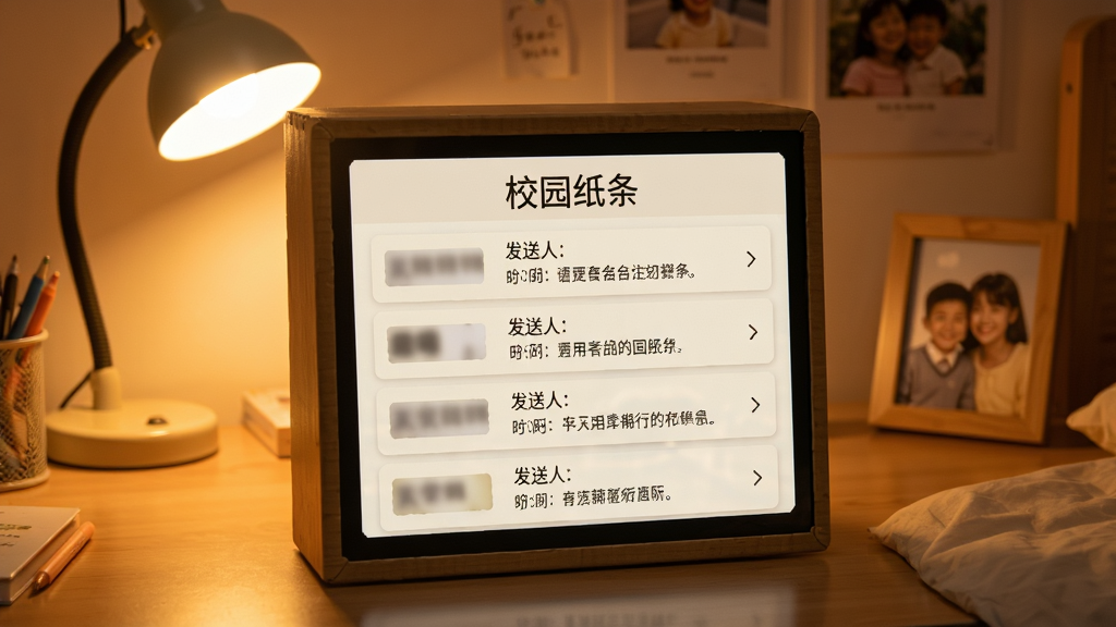展示《校园纸条》纸条箱的界面,屏幕上以列表形式显示多张纸条,每张纸条显示发送人(部分为匿名)、时间和内容摘要,背景是温馨的宿舍书桌,有台灯和相框,整体风格怀旧温暖,突出回忆珍藏感,画质干净,无多余元素。