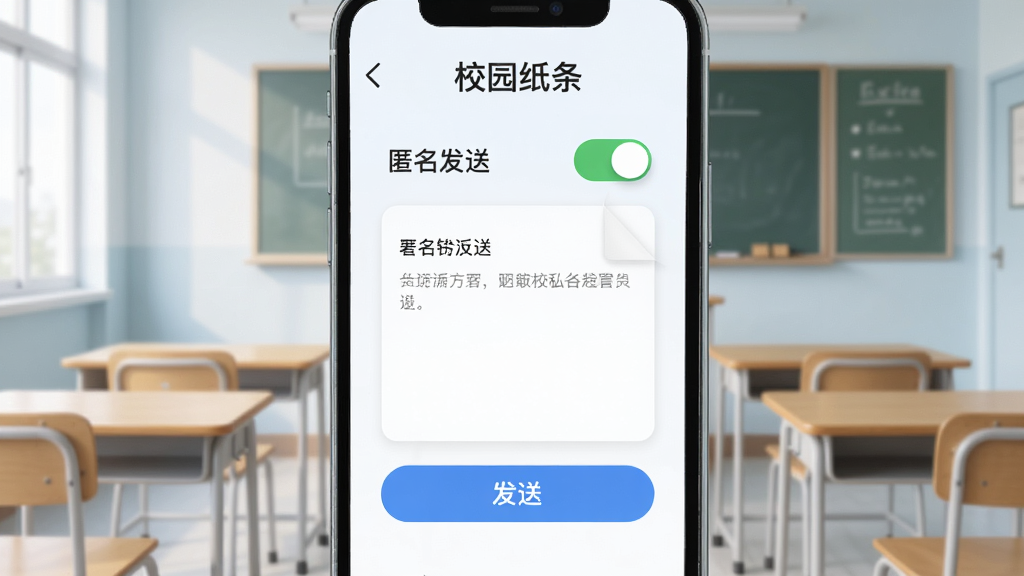 展示《校园纸条》匿名发送功能的操作界面,手机屏幕中央有一个纸条编辑框,上方有“匿名发送”开关已开启,下方有“发送”按钮,背景是简约的教室场景,有课桌和黑板,整体色调柔和,强调隐私安全的视觉元素,画质清晰,干净无多余元素。