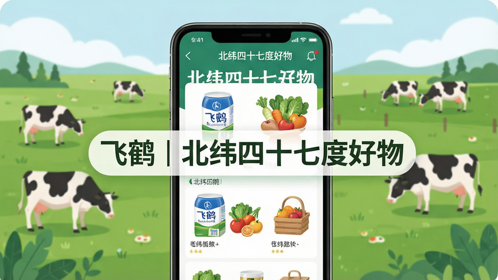 一幅温馨明亮的电商购物场景,主体为“飞鹤丨北纬四十七度好物”APP界面,在手机屏幕上展示奶粉、新鲜蔬果等商品,背景是广袤的北纬四十七度绿色牧场和奶牛,画面中央带有“飞鹤丨北纬四十七度好物”字样,布局居中,采用扁平化风格,色彩清新自然,细节丰富,画质高清,干净无多余元素。