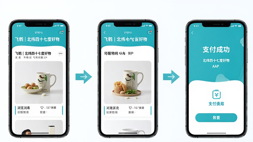 一部智能手机显示“飞鹤丨北纬四十七度好物”APP的购物流程,从浏览商品到支付成功,步骤清晰,背景有步骤箭头,布局横向排列,风格简洁,细节真实,画质高清,干净无多余元素。