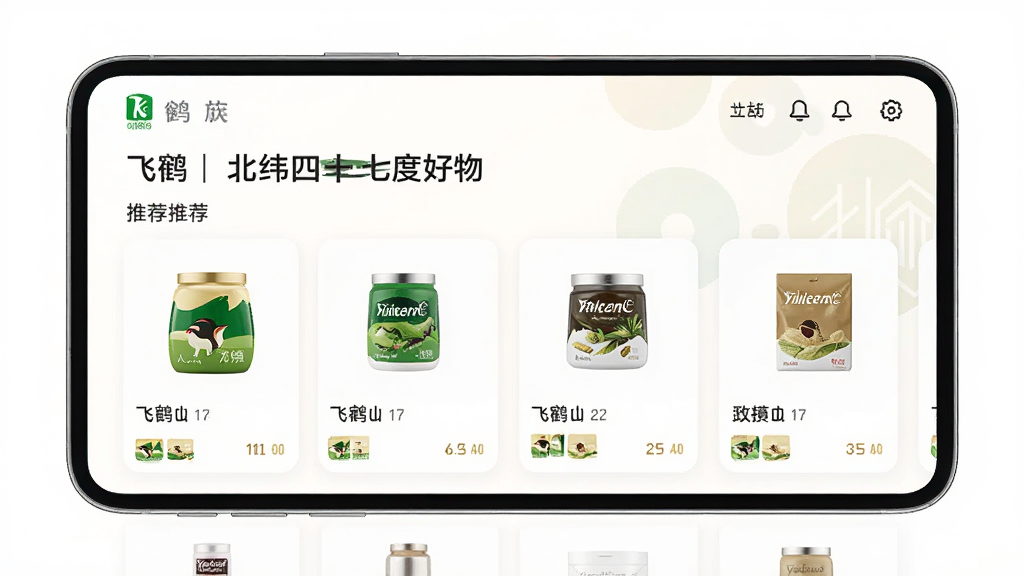 一个智能推荐的商品列表界面,主体为“飞鹤丨北纬四十七度好物”APP的首页推荐板块,展示多款商品卡片,背景有淡雅的几何图形,布局简洁,排版规整,风格现代,细节清晰,画质高清,干净无多余元素。