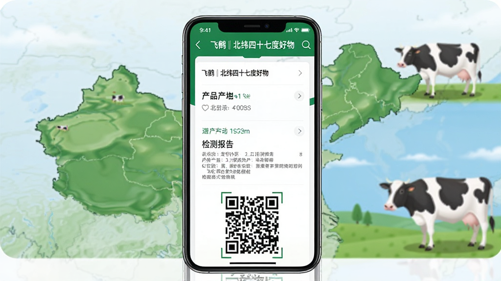 一张展示商品溯源功能的手机截图,主体为“飞鹤丨北纬四十七度好物”APP的溯源页面,上面显示产品产地、检测报告和二维码,背景有北纬四十七度地图和奶牛图案,布局清晰,排版简洁,风格写实,细节完整,画质高清,干净无多余元素。