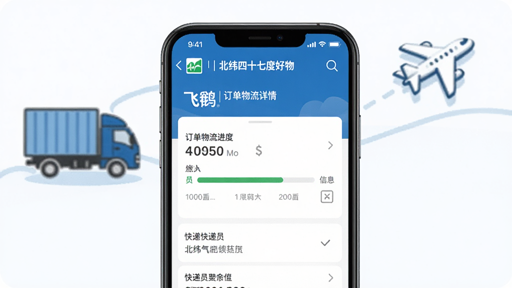一个物流配送场景,主体为“飞鹤丨北纬四十七度好物”APP的订单物流详情页,显示配送进度和快递员信息,背景有货车和飞机图标,布局直观,排版清晰,风格简约,细节真实,画质高清,干净无多余元素。