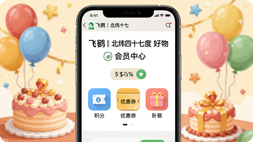 一个庆祝会员生日的电商促销场景,主体为“飞鹤丨北纬四十七度好物”APP的会员中心界面,显示积分、优惠券和生日礼物图标,背景有蛋糕和气球装饰,布局活泼,排版喜庆,风格卡通,细节丰富,画质清晰,干净无多余元素。