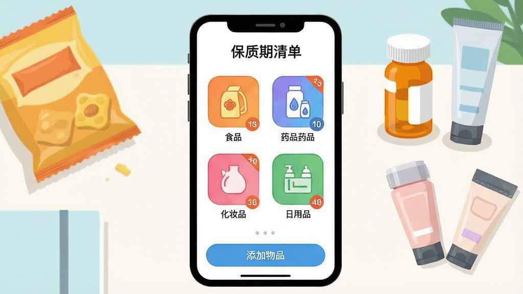 һ��չʾ���������嵥��App�������Ĳ廭���ֻ���Ļ����ʾʳƷ��ҩƷ����ױƷ������Ʒ�ĸ���ɫ����ͼ�꣬ÿ��ͼ���·��������Ǳ꣬����ײ��С�������Ʒ����ť������Ϊ�����������Ա߷�����ʳ��ҩƿ������ƷС�����������������������ʸɾ���