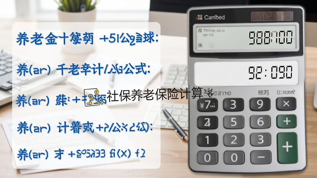 主体:计算器界面展示养老金计算公式和数字运算过程,背景为办公桌。布局:左侧为公式说明,右侧为数字输入区。排版:公式用蓝色字体突出显示,数字清晰。风格:简洁,专业。细节:有“社保养老保险计算”水印。画质:高清,干净,无多余元素。