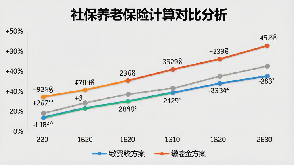 主体:折线图对比不同缴费方案的养老金差异,背景为浅灰色。布局:图表居中,图例在下方。排版:线条颜色鲜艳,数据标签清晰。风格:商务,直观。细节:图表标题为“社保养老保险计算对比分析”。画质:高清,干净,无多余元素。