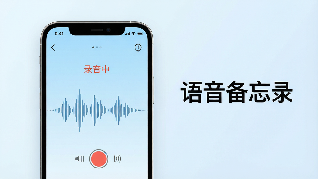 主体:一部智能手机屏幕展示语音备忘录app界面,界面简洁清晰,有录音波形图。布局:手机位于画面中央偏左,右侧留白添加文字“语音备忘录”。排版:手机界面内显示“录音中”和波形动画,背景为淡蓝色渐变。风格:现代扁平化,色彩明快,突出科技感与便捷性。细节:手机屏幕上的波形图细腻,界面图标精致,光线柔和。画质:高清,干净,无多余元素。