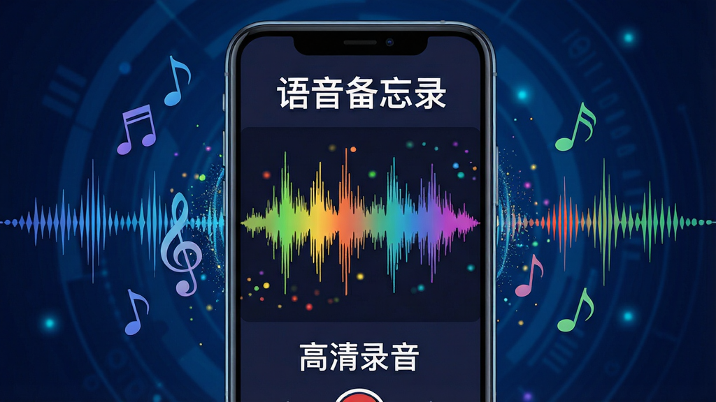 主体:手机录音界面显示高保真波形图,周围有音符和声波线条。布局:手机在画面中心,背景为深蓝科技感光效。排版:手机上方有“语音备忘录”标题,下方有“高清录音”字样。风格:科技感插画风格,色彩鲜明。细节:波形图色彩斑斓,周围有细小粒子效果,体现高音质。画质:高清,干净,无多余元素。