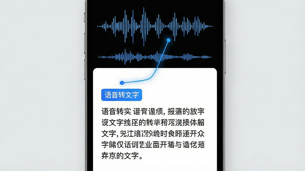 主体:手机屏幕显示录音转文字的过程,上方是波形,下方是文字段落。布局:手机竖屏展示,背景为浅灰色。排版:文字段落清晰排列,有“语音转文字”高亮标签。风格:简洁商务风,白底黑字。细节:波形与文字之间有动态连接线,文字准确,界面整洁。画质:高清,干净,无多余元素。