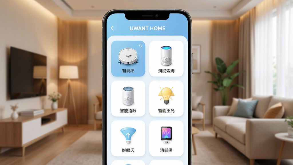 һ��չʾUWANT HOMEӦ��������ĸ����ͼ�����������Ǽ��������豸��Ƭ�б�������ɨ�ػ����ˡ����������������ܵƹ��ͼ�꣬����Ϊ��ܰ���ִ�����������������ǳ��ɫ�Ͱ�ɫΪ��ɫ��������������ͼ��Բ��������ɾ�������ͻ�����ܼҾӵĿƼ��������������ϸ�壬�޶���Ԫ�ء�