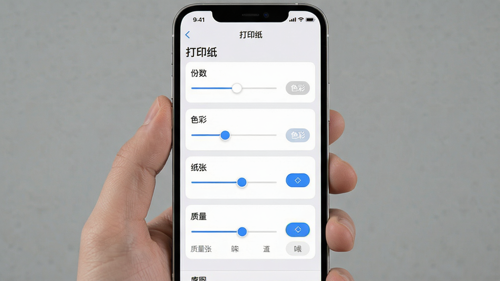 一张展示打印参数设置界面的图片,主体为手机竖屏界面,屏幕上显示