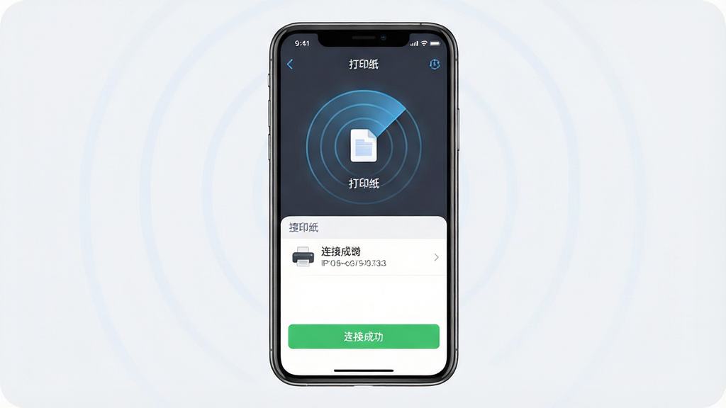 一张展示打印纸应用连接打印机过程的界面截图风格图片,主体为手机屏幕特写,屏幕上显示