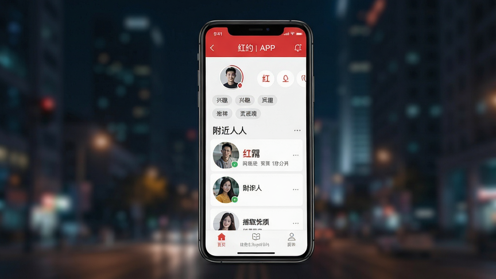 һ��չʾ�����ֻ���Ļ��ͼƬ����Ļ��������ʾ����Լ��APP����ҳ���棬��������û�ͷ����Ȥ��ǩ�����������б��͵ײ�������������Ϊģ���ĳ���ҹ�����������ִ�����࣬ɫ���Ժ�ɫ�Ͱ�ɫΪ�������ʸ��壬�ɾ����޶���Ԫ��