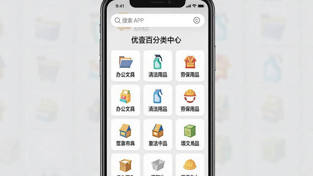 ��Ҽ��APP�����������ʾ��ͼ������Ϊ�ֻ���Ļչʾ��������Ʒ�����б����������칫�ľߡ����������Ʒ�������ͱ���Ʒ����ͼ�꣬ÿ����������Сͼ�꣬ҳ�涥���������򣬱���ǳ�ң��Ű����룬�����ʵ�ã����ֱ�ʶ����Ҽ�ٷ������ġ��������������޶���Ԫ��