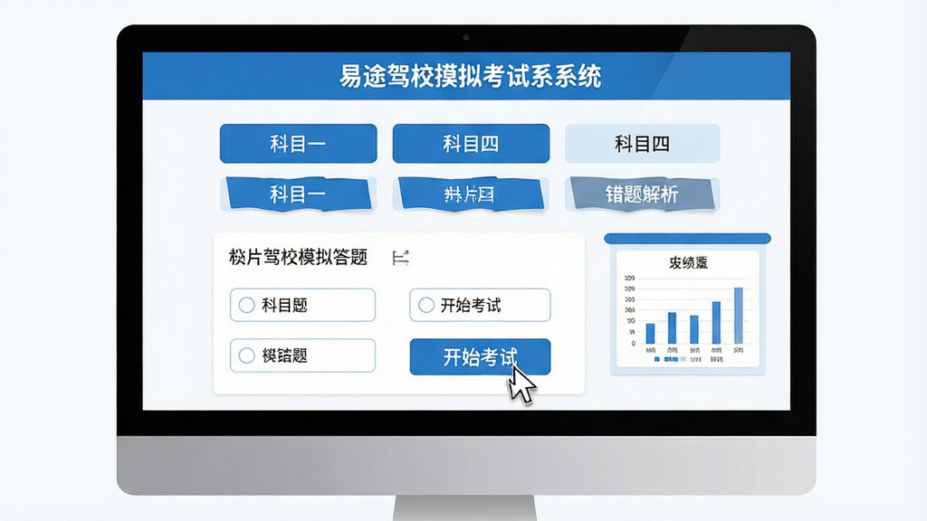 主体:易途驾校摸拟考试系统主界面,电脑屏幕中显示模拟答题页面;布局:界面居中,上方有科目选择按钮,下方是考题区域和答案选项;排版:清晰有序,色彩以蓝色和白色为主,文字标签“科目一”“科目四”“开始考试”“错题解析”;风格:现代简约扁平化,干净明亮;细节:屏幕上有鼠标指针点击“开始考试”按钮,旁边有成绩单图表;画质:高清,干净,无多余元素