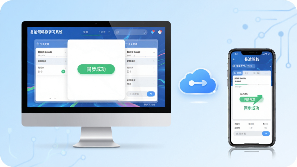 主体:易途驾校摸拟考试系统在手机和电脑上同时运行的场景,屏幕显示同步学习记录;布局:左侧电脑,右侧手机,中间有云端同步图标;排版:色彩协调,科技感强,背景为浅蓝色渐变;风格:现代科技风格,简洁明亮;细节:电脑和手机屏幕中均显示相同的答题界面,有“同步成功”字样;画质:高清,干净,无多余元素
