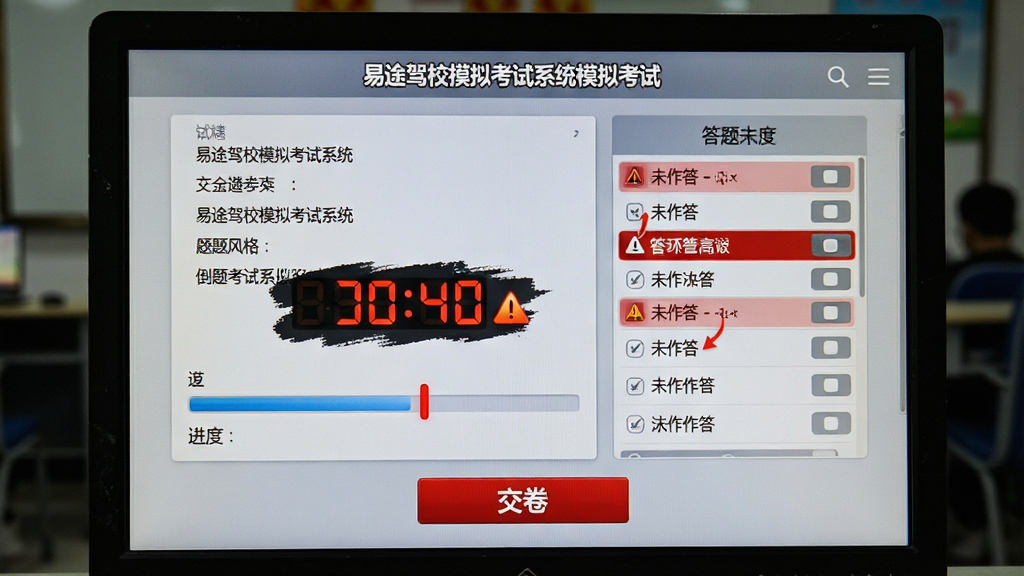 主体:易途驾校摸拟考试系统的模拟考试界面,屏幕上显示倒计时和答题进度条;布局:试卷居中,左侧为题目,右侧为答题卡,底部为交卷按钮;排版:紧凑合理,字体清晰,倒计时数字醒目;风格:真实考场风格,浅灰色背景,红色高亮警示;细节:屏幕上有“交卷”按钮,答题卡中部分题目标红,提示未作答;画质:高清,干净,无多余元素