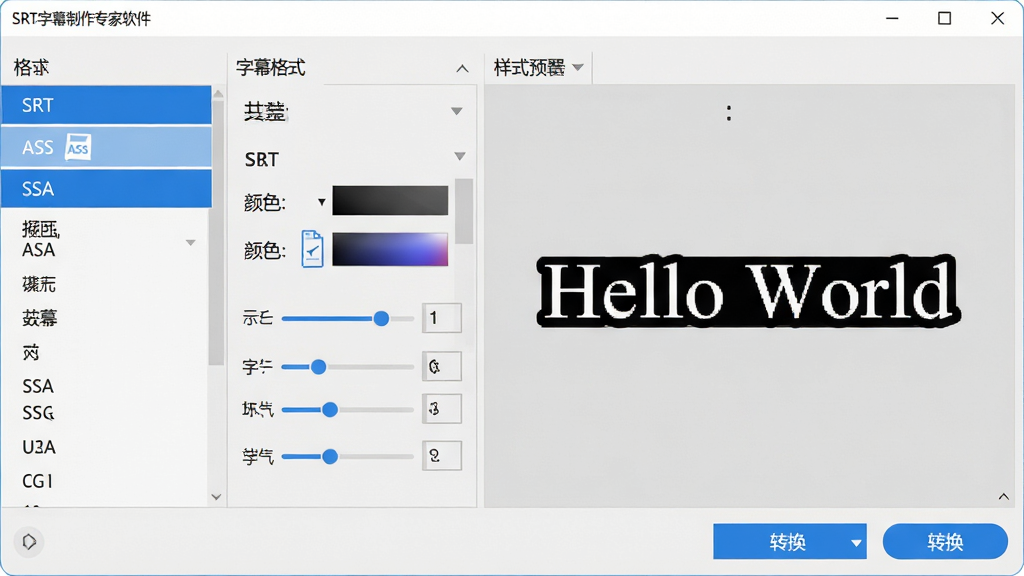 主体:SRT字幕制作专家软件的格式转换界面,显示字幕格式选项和样式设置面板。布局:左侧为格式选择菜单,右侧为样式预览区域,底部为“转换”按钮。排版:格式列表包含“SRT”“ASS”“SSA”等选项,样式面板显示字体、颜色、大小调节滑块。风格:简洁专业的界面,浅灰色背景搭配蓝色高亮选项。细节:预览区域显示“Hello World”字幕文本,字体为宋体,颜色为白色带黑色描边。画质:高清,界面清晰,无多余元素。