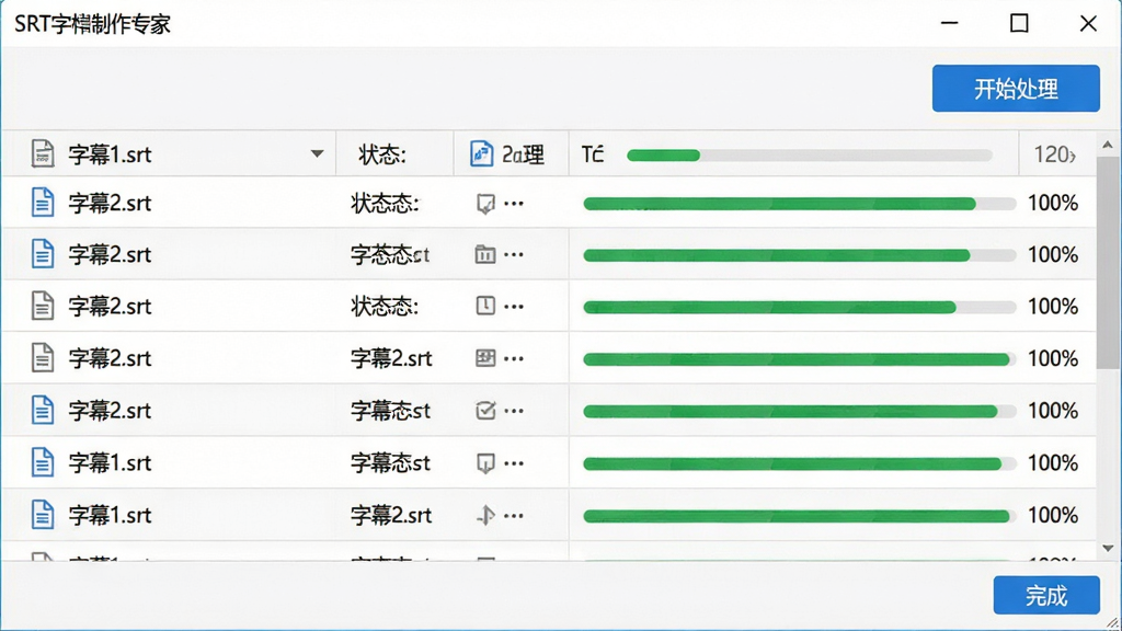 主体:SRT字幕制作专家软件的批量处理界面,显示多个字幕文件列表和进度条。布局:文件列表占据画面主要区域,每个文件行显示文件名、状态和进度,顶部有“开始处理”按钮。排版:列表以表格形式排列,文件名清晰可见,进度条为绿色。风格:清爽的软件界面,白色背景搭配蓝色按钮。细节:文件列表中有“字幕1.srt”“字幕2.srt”等,进度条显示100%,界面右下角有“完成”提示。画质:高清,界面干净,无多余元素。