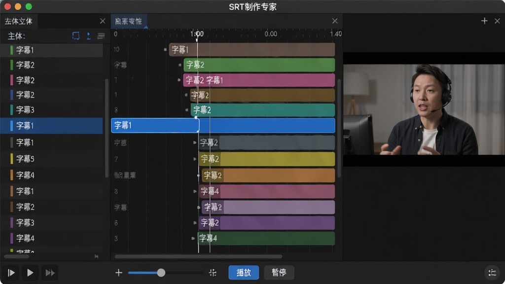 主体:SRT字幕制作专家软件的时间轴编辑界面,显示多行字幕块和对应的视频帧画面。布局:画面中央为时间轴,左侧为字幕文本列表,右侧为视频预览窗口,底部为缩放控制条。排版:时间轴以蓝色高亮显示当前选中字幕块,其他字幕块以不同颜色区分。风格:简洁专业的软件界面风格,深色背景搭配明亮色块。细节:时间轴上有“字幕1”“字幕2”等标签,视频预览窗口显示人物说话画面,界面下方有“播放”“暂停”按钮。画质:高清,界面清晰,细节丰富,无多余元素。