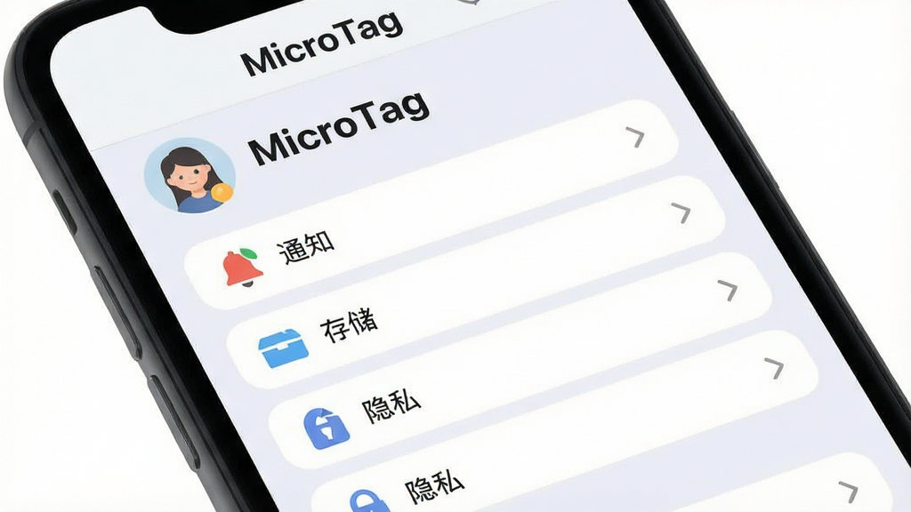 主体:MicroTag软件在手机上的运行截图,展示设置页面。布局:屏幕中央显示设置选项列表,上方为头像和用户名。排版:列表清晰,每个选项有图标和箭头。风格:浅色背景,圆角列表项。细节:屏幕顶部显示“MicroTag”标题,设置项包含“通知”、“存储”、“隐私”等。画质:高清,干净,无多余元素。