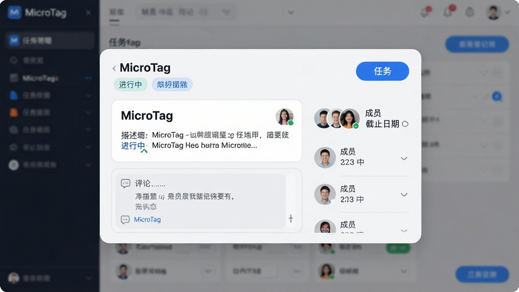 主体:MicroTag软件的任务分配界面,展示一个任务卡片的详情弹窗。布局:弹窗居中,上方为任务标题和标签,下方为评论区和附件列表。排版:左右分栏,左侧为任务描述,右侧为成员头像和截止日期。风格:清爽的浅灰背景,卡片圆角设计,蓝色高亮按钮。细节:任务卡片上显示“MicroTag”文字,以及“进行中”状态标签和成员头像。画质:细腻,干净,无多余元素。