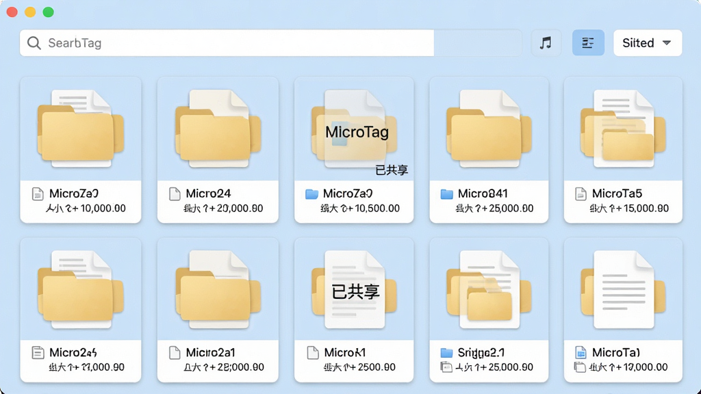 主体:MicroTag软件的文件管理界面,展示一个共享文件夹内的多个文档缩略图。布局:文件夹网格排列,顶部有搜索栏和筛选按钮。排版:缩略图下方显示文件名、大小和修改时间。风格:简洁的商务风格,浅蓝色背景,白色卡片。细节:其中一个文件上显示“MicroTag”的水印,并标注“已共享”。画质:清晰,干净,无多余元素。
