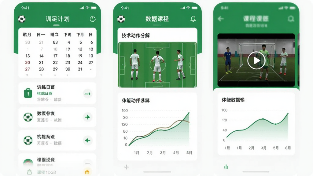 杭足训练app主界面预览图,展示足球训练计划列表、数据统计图表和课程视频入口,整体采用绿色与白色搭配的清爽风格,界面布局扁平化,卡片式设计,包含训练日历、技术动作分解图、体能数据曲线,画质清晰,干净无多余元素
