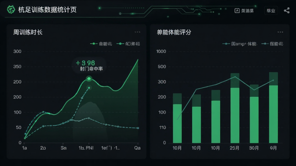 杭足训练数据统计页面,展示折线图与柱状图,包含周训练时长、射门命中率、体能评分等指标,界面采用深色背景与绿色数据线条,风格科技感强,画质清晰,干净无多余元素