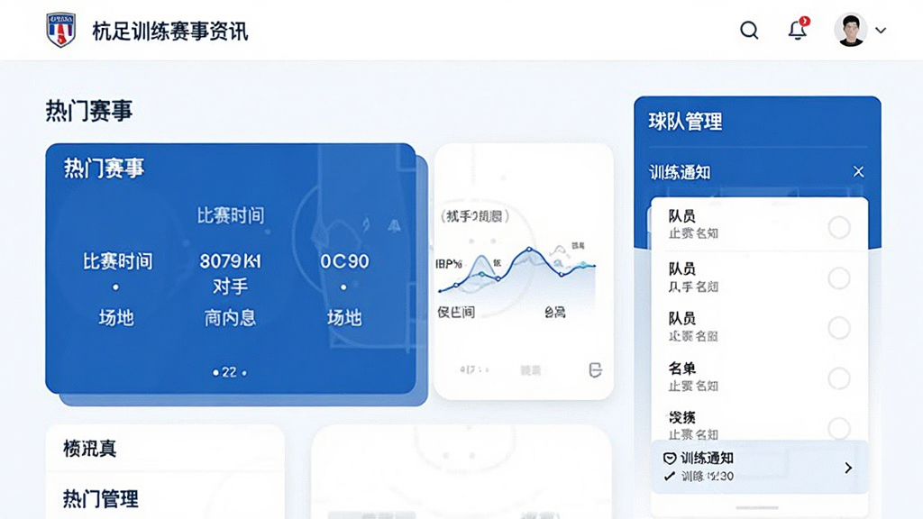 杭足训练赛事资讯页面,展示热门赛事卡片和球队管理界面,包含比赛时间、对手、场地信息,以及队员名单和训练通知,界面配色以蓝色和白色为主,布局清晰,画质干净,无多余元素