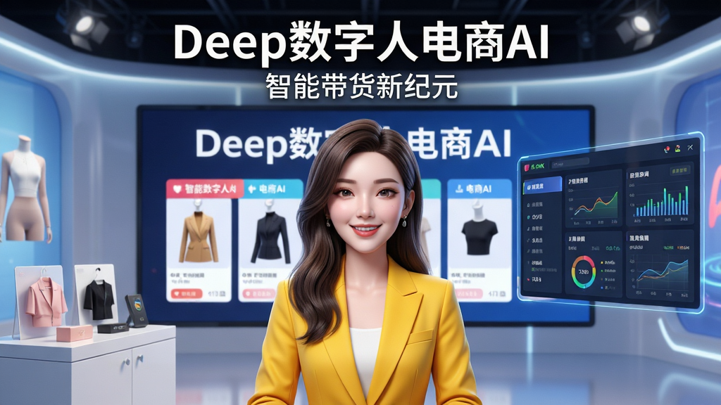 画面主体为一位时尚干练的女性数字人主播,身着亮色西装,面带微笑站在电商直播间背景前,身后大屏显示“Deep数字人电商AI”字样及商品橱窗。布局采用居中构图,主播位于画面中央,左侧有商品展示台,右侧悬浮着数据看板。排版清晰,主标题“Deep数字人电商AI”置于画面顶部居中,副标题“智能带货新纪元”位于其下。风格为现代科技感,光线明亮,色彩鲜艳,细节包含主播的头发丝、衣服纹理和屏幕上的数据图表。画质为8K超高清,干净无多余元素。
