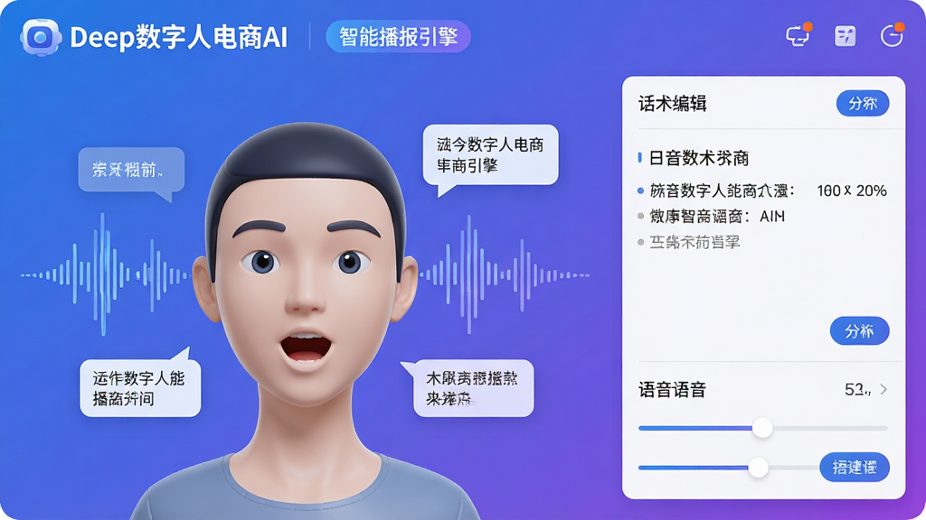 画面主体为Deep数字人电商AI的播报控制界面,中心是一个虚拟数字人头部特写,正在开口说话,周围环绕着波形音频可视化和文字气泡。布局采用左右分栏,左侧是数字人形象,右侧是话术编辑区和语音调节滑块。排版整洁,界面顶部有“Deep数字人电商AI”的Logo和“智能播报引擎”标签。风格为扁平化UI设计,蓝紫色渐变背景,细节包含音频波形、参数数值和微小的交互按钮。画质为高分辨率,干净清晰,无多余元素。