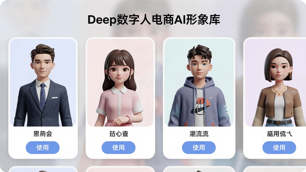 画面主体为Deep数字人电商AI的形象选择界面,展示一排不同风格的虚拟数字人立绘,包括商务男、甜美女生、潮流青年等。布局采用网格排列,每个形象下方有名称和“使用”按钮。排版清晰,顶部标题“Deep数字人电商AI形象库”,背景为浅灰色毛玻璃效果。风格为现代UI设计,圆角卡片,色彩柔和,细节包括每个形象的服装纹理和面部特征。画质为4K高清新渲染,干净无多余元素。