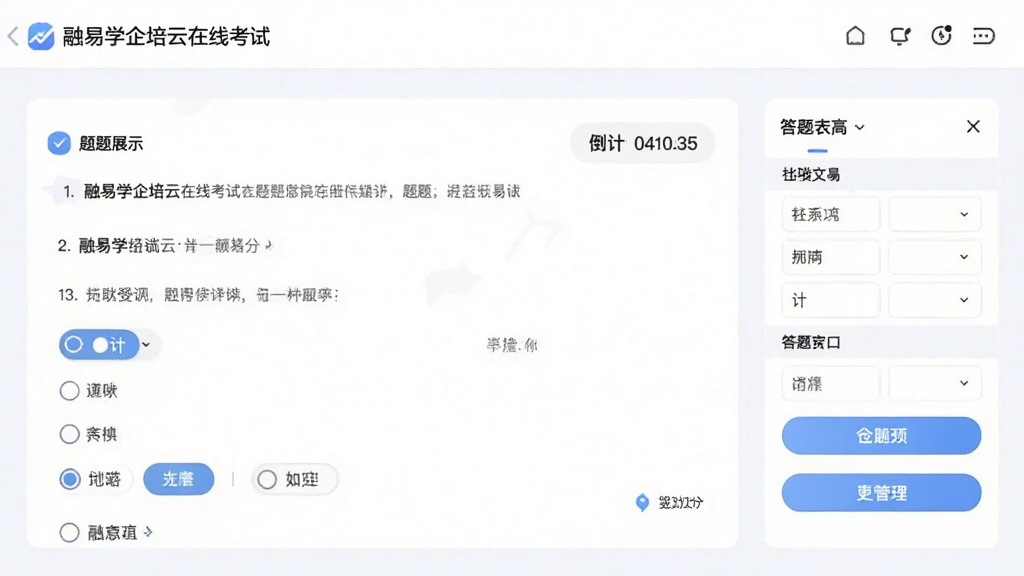 主体为融易学企培云在线考试界面,布局为题目展示区与答题卡侧栏,风格简洁明亮,细节包括题目序号、选项按钮、倒计时器,画质高清干净,无多余元素。