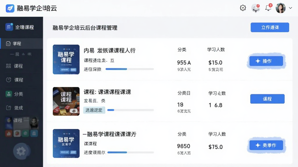 主体为融易学企培云后台课程管理页面,布局为列表式,展示课程封面、标题、分类、学习人数等字段。排版规整,风格清爽,有蓝色高亮操作按钮,细节包括课程封面缩略图、进度条、筛选标签,画质干净清晰,无多余元素。