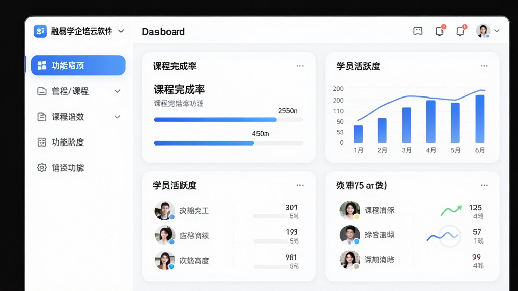画面主体为融易学企培云软件界面展示,布局采用左右分栏设计,左侧为功能导航栏,右侧为数据看板,包含课程完成率、学员活跃度等图表。排版清晰简洁,风格现代商务,主色调为蓝色与白色,细节包括圆角卡片、进度条、头像列表,画质高清干净,无多余元素。