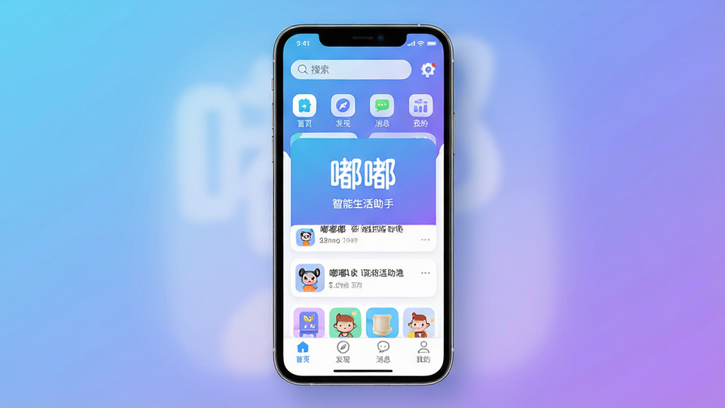 主体:嘟嘟应用主界面,一部智能手机屏幕显示嘟嘟APP的首页,背景为清新渐变色(蓝紫),界面布局简洁,顶部有搜索栏和功能图标,中间为信息流卡片,底部导航栏包括“首页”、“发现”、“消息”、“我的”四个标签。布局:手机居中,屏幕内容清晰可见,周围有柔和的光影效果。排版:现代扁平化风格,图标圆润,文字清晰。细节:屏幕中显示“嘟嘟”LOGO,以及“智能生活助手”字样。画质:高清渲染,干净,无多余元素。