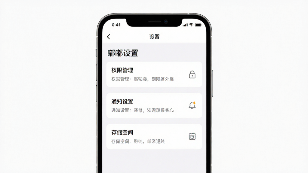 主体:手机截图显示嘟嘟应用设置界面,背景为白色,布局清晰,有“权限管理”、“通知设置”、“存储空间”等选项。布局:手机居中,屏幕内容突出。排版:简洁,文字清晰。细节:设置列表中有“嘟嘟设置”标题。画质:高清渲染,干净,无多余元素。