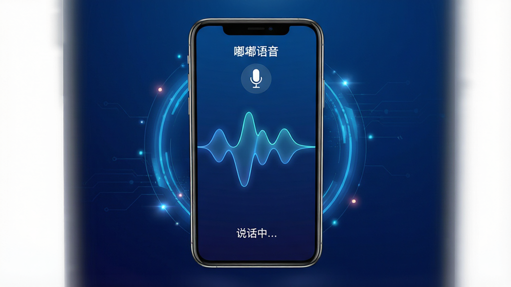 主体:嘟嘟APP的语音交互功能界面,手机屏幕显示语音波形动画,下方有“说话中…”提示,背景为深蓝色科技感渐变。布局:手机居中,屏幕内容突出,周围有科技光效。排版:简洁,波形动画流畅,文字清晰。细节:屏幕顶部显示“嘟嘟语音”字样,并有麦克风图标。画质:高清渲染,干净,无多余元素。