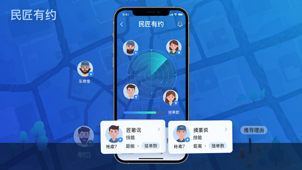 ��������Ϊ������Լ��APP������ƥ����棬�ֻ���Ļ������ʾ��ͼ�븽������ͷ��ֲ������ֲ��õ�ͼȫ��չʾ���ײ������Ƽ�������Ƭ���Ű��ϣ���Ƭ����չʾ�������������ܡ�������ӵ��������Ϊ�Ƽ��в廭�����ɫ����ɫ����ͻ���������Ч��ϸ�ڰ����״�ɨ�趯����ƥ����������Ƽ����ɱ�ǩ�����ʸ��壬����ɾ����޶���Ԫ�ء�ͼƬ�����������������Լ����