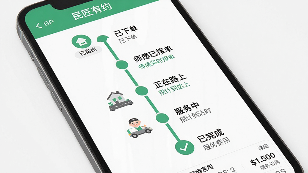 ��������Ϊ������Լ��APP�ķ�����ȸ��ٽ��棬�ֻ���Ļ��ʾ��������ʱ���ߡ����ֲ�������ʱ������ƣ�ÿ���ڵ�����ͼ����״̬�������Ű��ϣ�ʱ����������ע�����µ�������ʦ���ѽӵ�����������·�ϡ����������С���������ɡ������Ϊ����ƽ�廭�磬��ɫ���ɫ���䣬���ݰ�����ɿ���ϸ�ڰ���ʦ��ʵʱλ�ñ�ǡ�Ԥ�Ƶ���ʱ�䡢���������ϸ�����ʸɾ����޶���Ԫ�ء�ͼƬ�����������������Լ����
