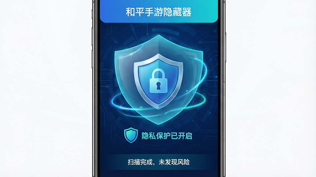 主体:和平手游隐藏器隐私保护功能界面,显示盾牌图标和“隐私保护已开启”状态。布局:手机屏幕中央展示盾牌图标,四周环绕防护罩特效,背景为深蓝色科技感纹理。排版:上方为软件名称“和平手游隐藏器”,中间为盾牌图标和状态文字,下方为“扫描完成,未发现风险”的提示。风格:安全软件常见风格,蓝色与青色渐变,突出安全可靠。细节:盾牌上有锁形图案,防护罩带有流动光效。画质:高清,画面干净,无多余元素。