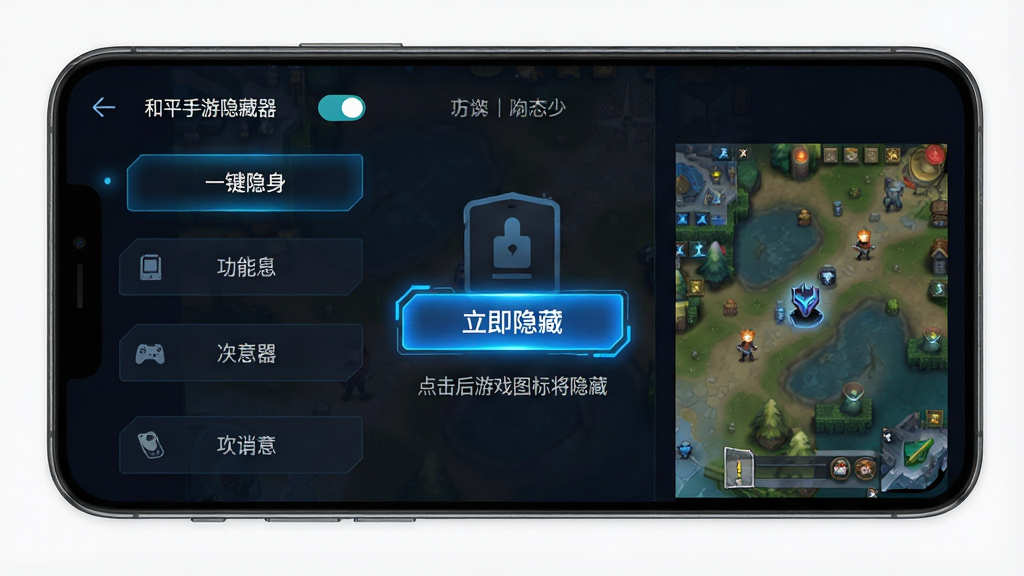 主体:手机屏幕展示“和平手游隐藏器”一键隐身功能界面,屏幕中央有醒目的“立即隐藏”按钮。布局:手机竖屏展示,左右分栏设计,左侧为功能列表,右侧为预览区域。排版:顶部有软件名称“和平手游隐藏器”和开关状态,下方为按钮和文字提示“点击后游戏图标将隐藏”。风格:科技感UI设计,深色主题,蓝色高亮。细节:按钮带有发光效果,背景有淡化的游戏地图纹理。画质:高清,界面干净,无多余元素。