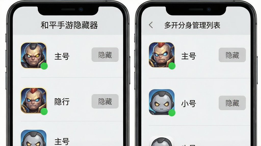 主体:手机屏幕展示“和平手游隐藏器”多开分身管理列表,同时显示两个游戏图标,分别标注“主号”和“小号”。布局:竖屏列表式布局,每个条目包含图标、名称和“隐藏”按钮。排版:顶部有软件名称“和平手游隐藏器”,列表清晰有序。风格:简洁清爽的列表设计,背景为浅灰色。细节:每个图标右下角有状态小圆点,绿色表示运行中,灰色表示已隐藏。画质:高清,细节清晰,无多余元素。
