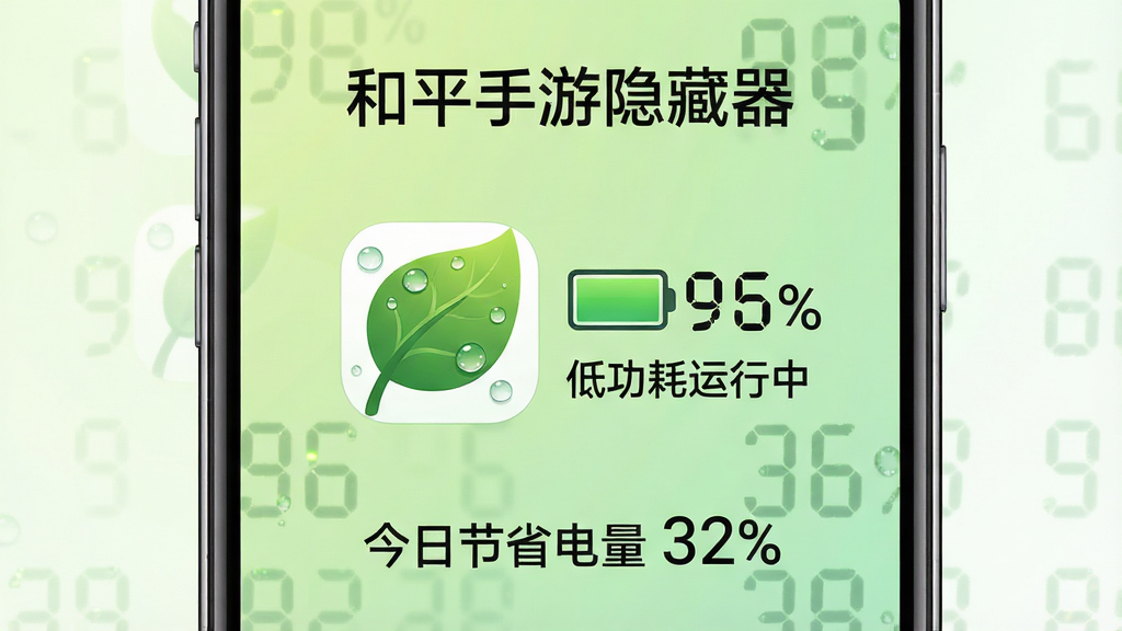 主体:手机屏幕显示“和平手游隐藏器”省电模式图标,旁边有电池电量百分比和“低功耗运行中”字样。布局:居中式布局,图标为绿色叶子形状,背景为淡绿色渐变。排版:上方为软件名称“和平手游隐藏器”,中间为省电图标和状态文字,下方为“今日节省电量 32%”的统计。风格:绿色环保风格,清新自然。细节:叶子图标带有水珠效果,电量百分比数字跳动。画质:高清,画面干净,无多余元素。
